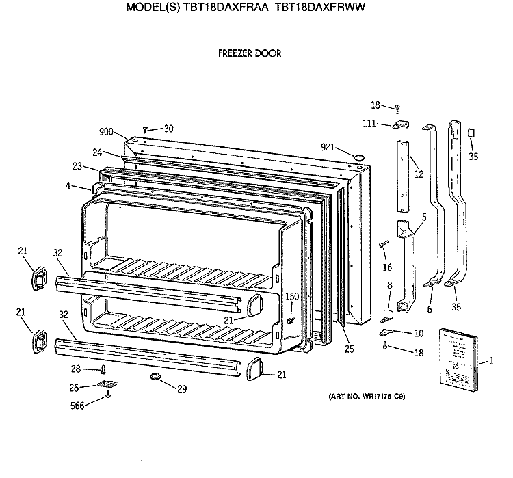 FREEZER DOOR Diagram and Parts List for TBT18DAXFRWW  General Electric Refrigerator