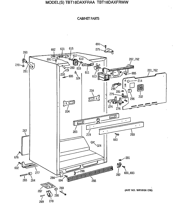 CABINET PARTS Diagram and Parts List for TBT18DAXFRWW  General Electric Refrigerator