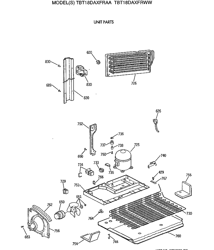 UNIT PARTS Diagram and Parts List for TBT18DAXFRWW  General Electric Refrigerator