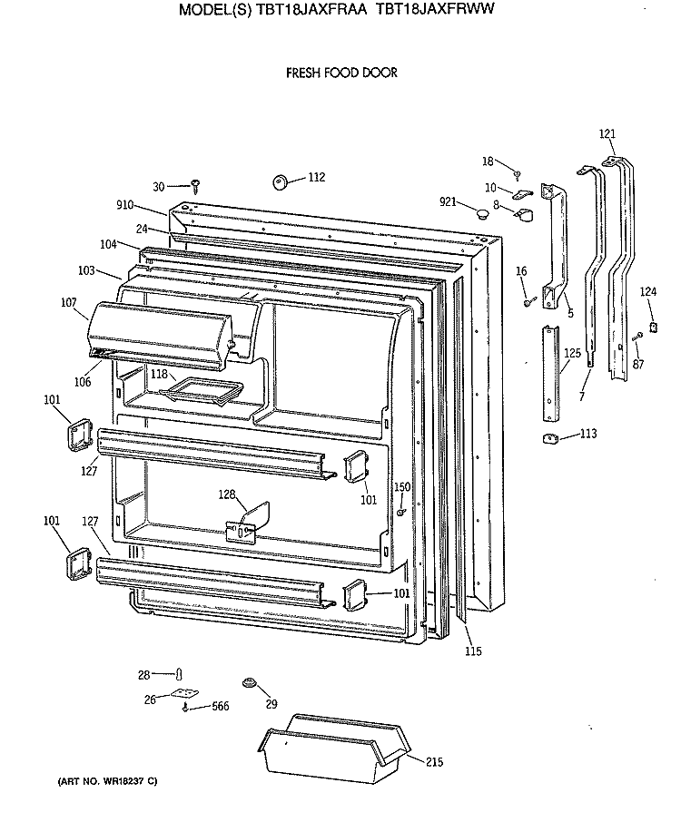 FRESH FOOD DOOR Diagram and Parts List for TBT18JAXFRAA  General Electric Refrigerator