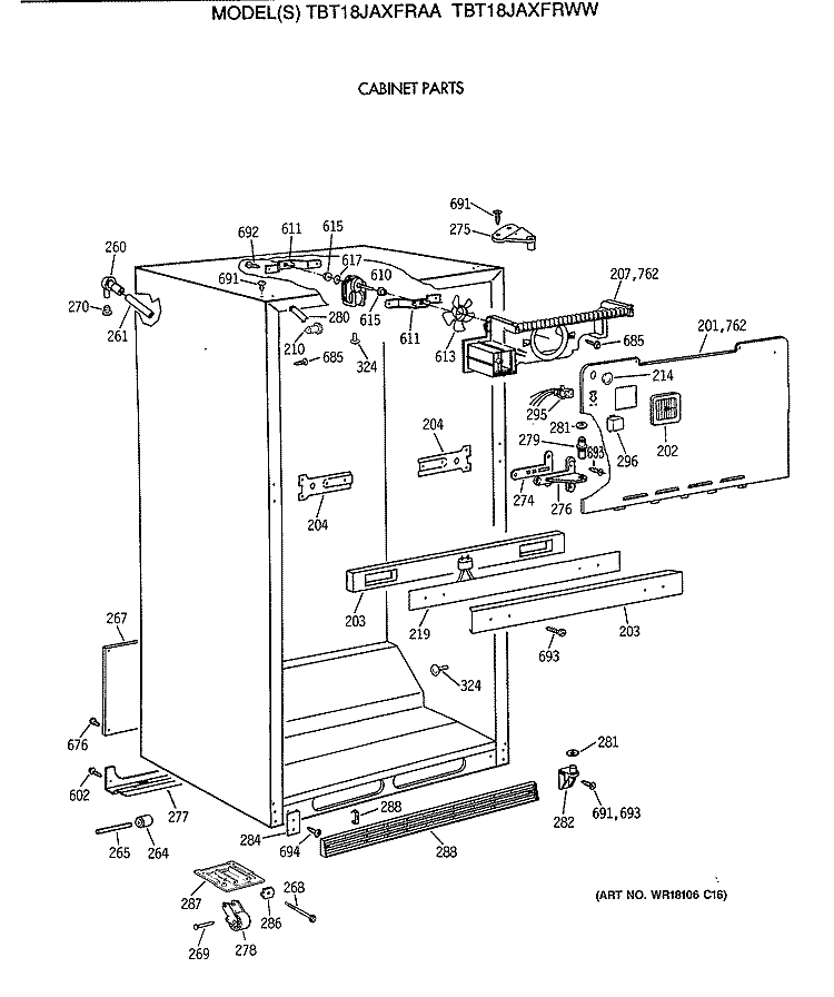 CABINET PARTS Diagram and Parts List for TBT18JAXFRAA  General Electric Refrigerator