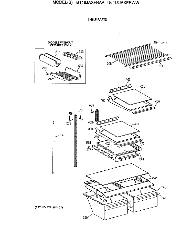 SHELF PARTS Diagram and Parts List for TBT18JAXFRAA  General Electric Refrigerator