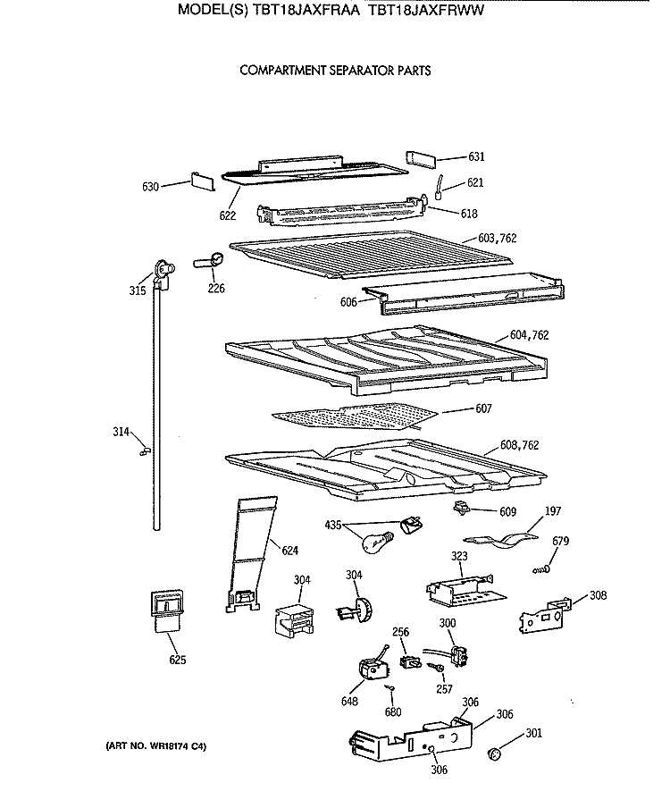 COMPARTMENT SEPARATOR PARTS Diagram and Parts List for TBT18JAXFRAA  General Electric Refrigerator