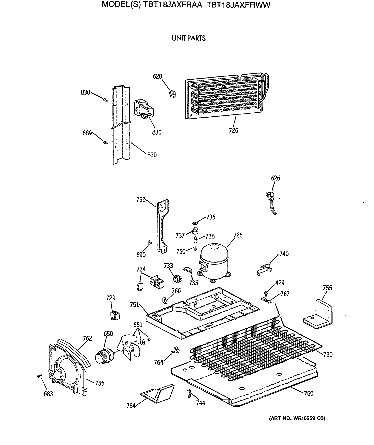 UNIT PARTS Diagram and Parts List for TBT18JAXFRAA  General Electric Refrigerator