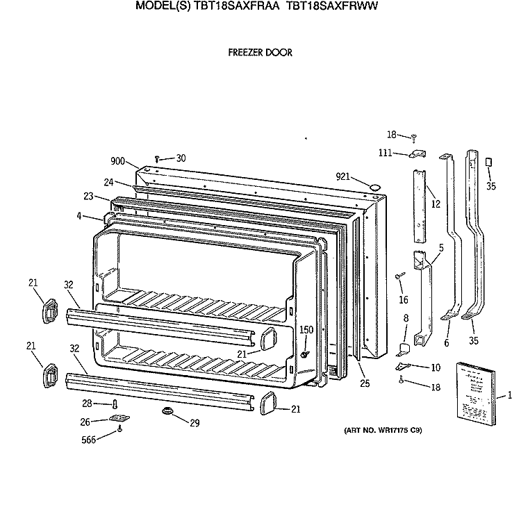 FREEZER DOOR Diagram and Parts List for TBT18SAXFRWW  General Electric Refrigerator