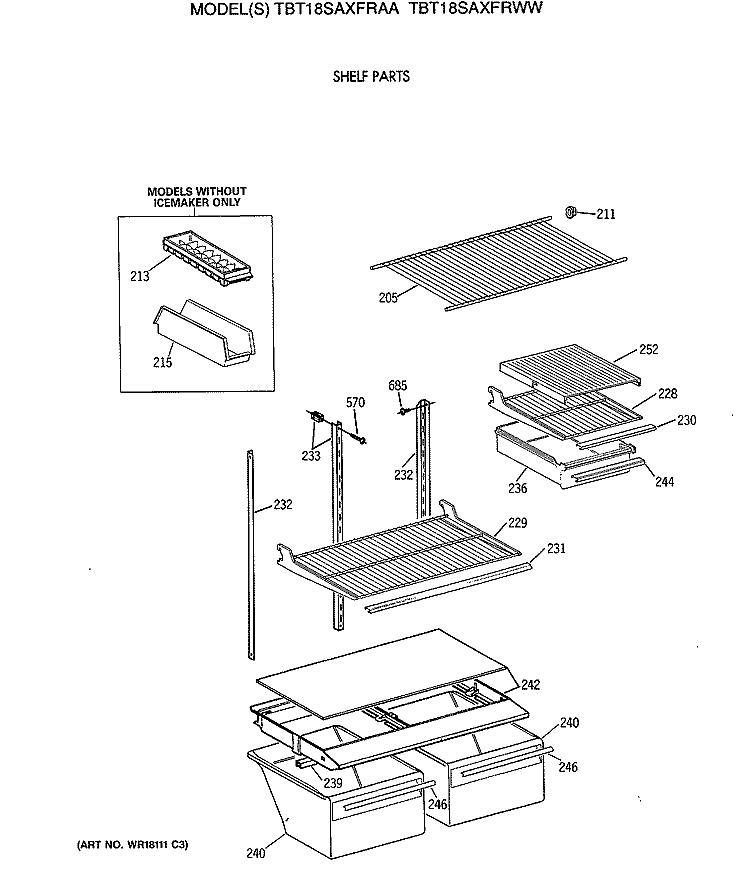 SHELF PARTS Diagram and Parts List for TBT18SAXFRWW  General Electric Refrigerator