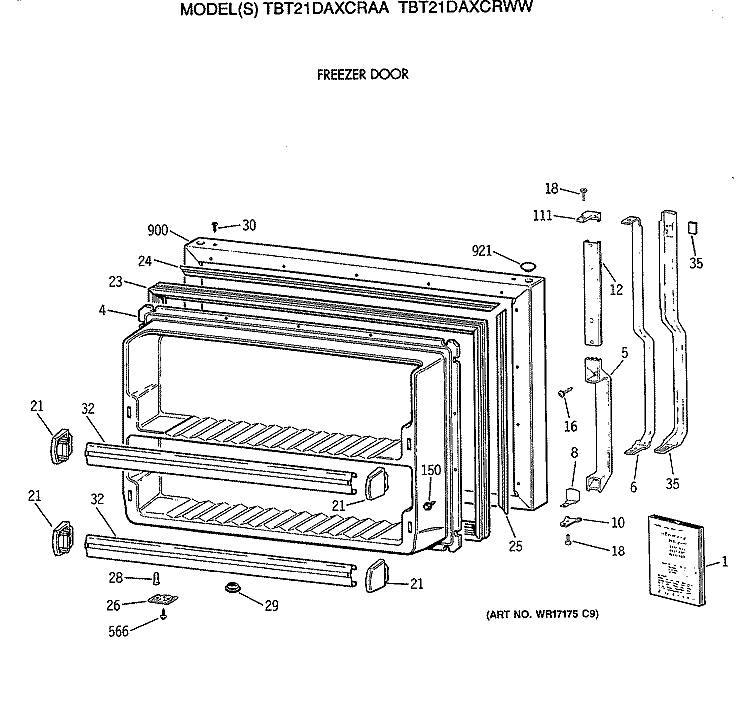 FREEZER DOOR Diagram and Parts List for TBT21DAXCRWW  General Electric Refrigerator