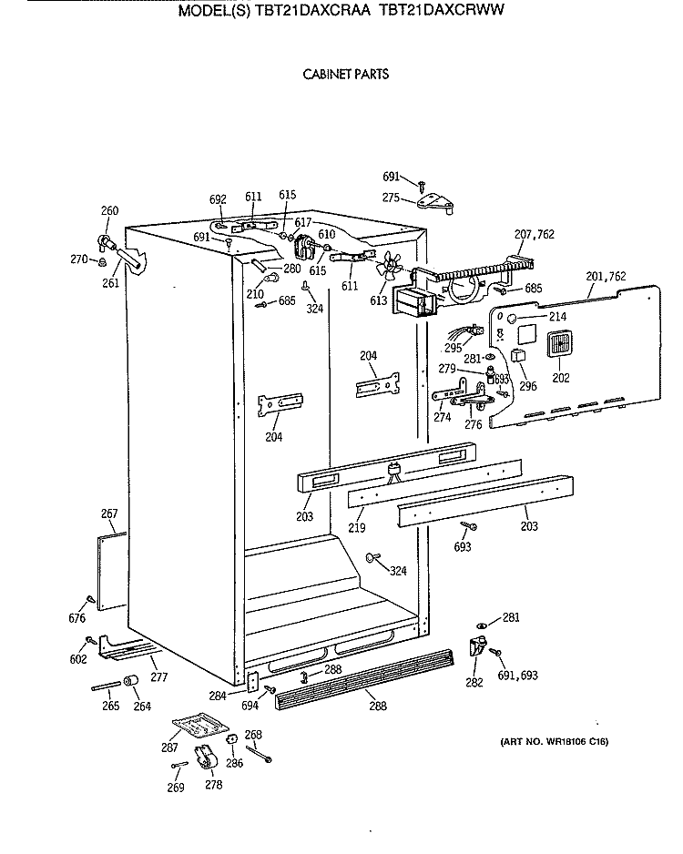 CABINET PARTS Diagram and Parts List for TBT21DAXCRWW  General Electric Refrigerator