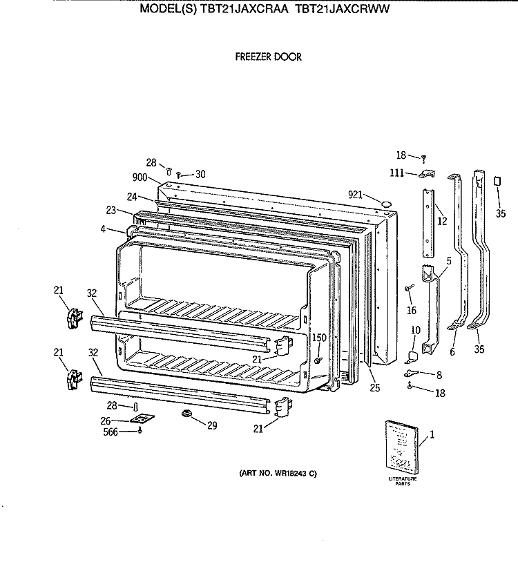 FREEZER DOOR Diagram and Parts List for TBT21JAXCRWW  General Electric Refrigerator