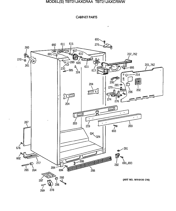 CABINET PARTS Diagram and Parts List for TBT21JAXCRWW  General Electric Refrigerator