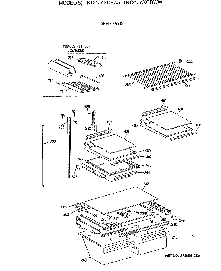 SHELF PARTS Diagram and Parts List for TBT21JAXCRWW  General Electric Refrigerator