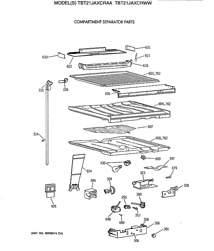 COMPARTMENT SEPARATOR PARTS Diagram and Parts List for TBT21JAXCRWW  General Electric Refrigerator