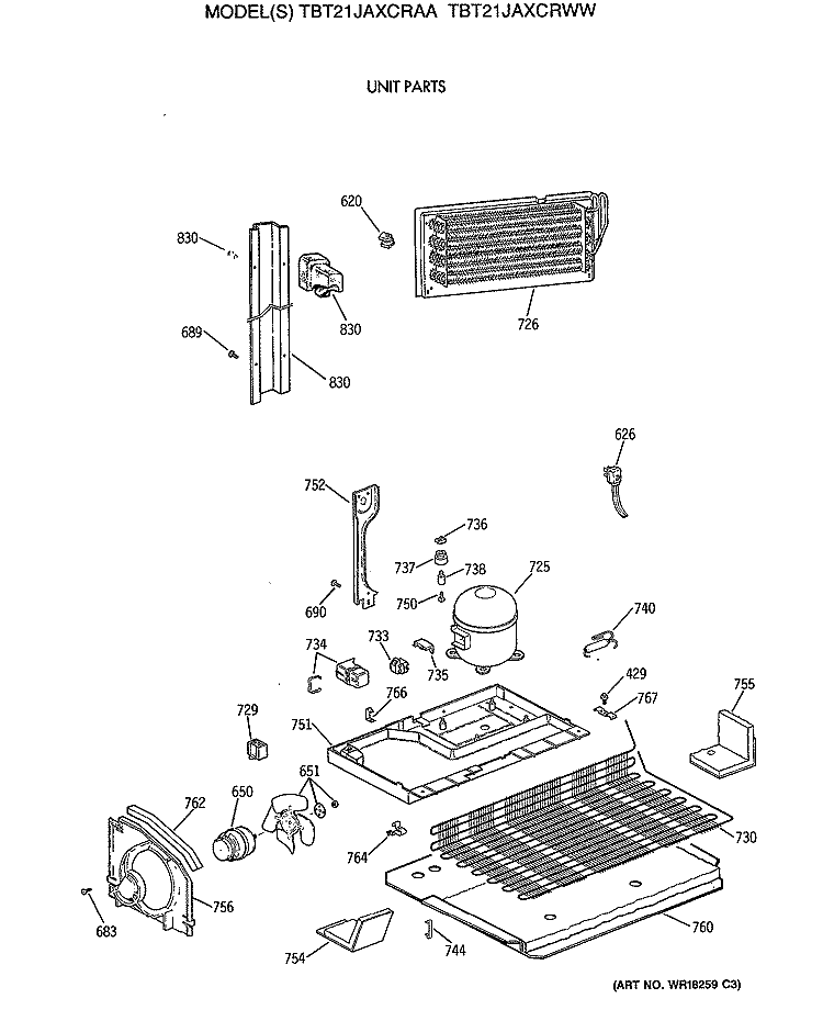 UNIT PARTS Diagram and Parts List for TBT21JAXCRWW  General Electric Refrigerator
