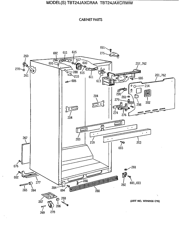 CABINET PARTS Diagram and Parts List for TBT24JAXCRAA  General Electric Refrigerator