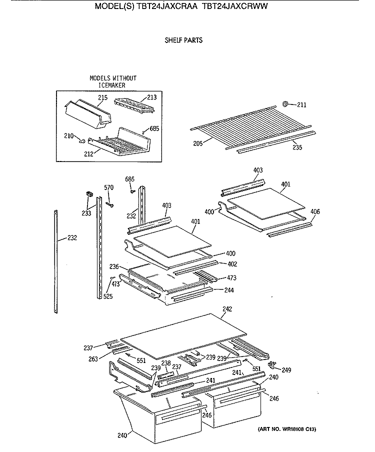 SHELF PARTS Diagram and Parts List for TBT24JAXCRAA  General Electric Refrigerator