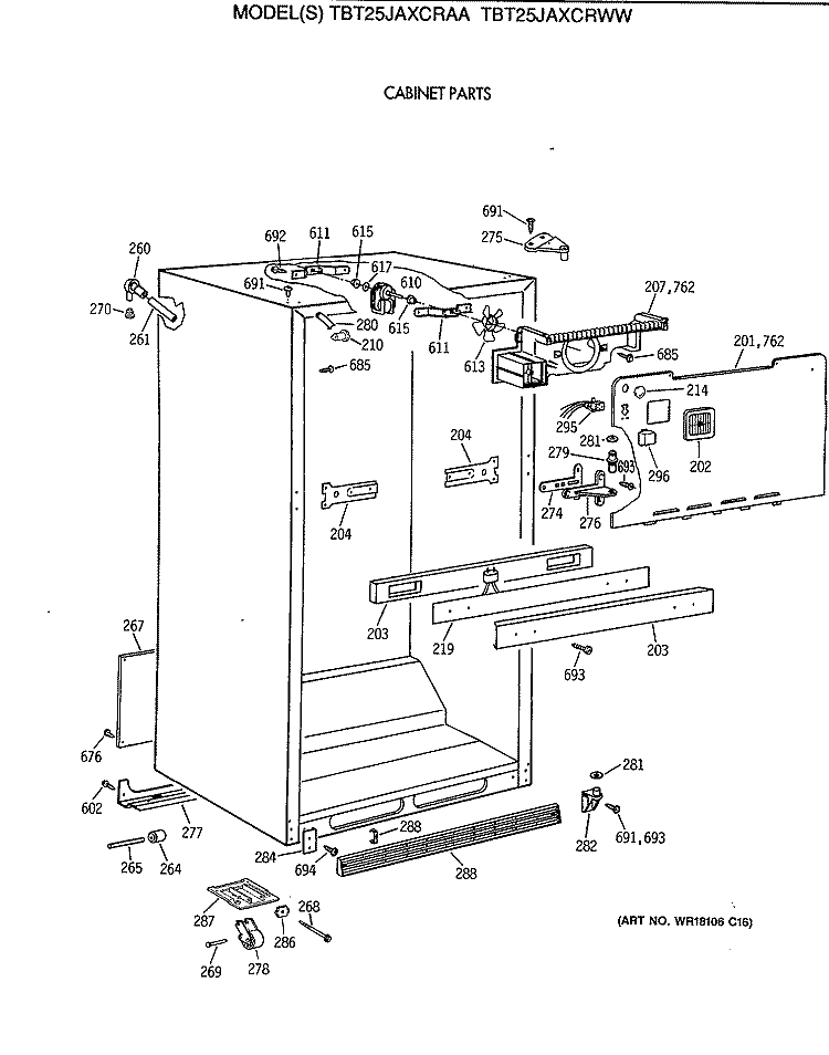 CABINET PARTS Diagram and Parts List for TBT25JAXCRWW  General Electric Refrigerator
