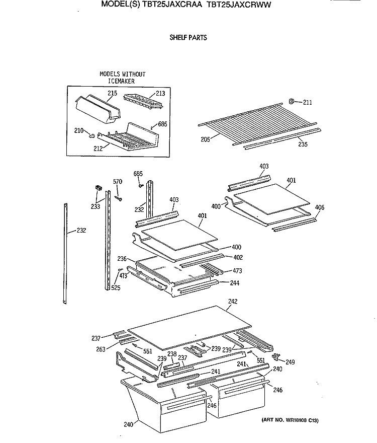 SHELF PARTS Diagram and Parts List for TBT25JAXCRWW  General Electric Refrigerator