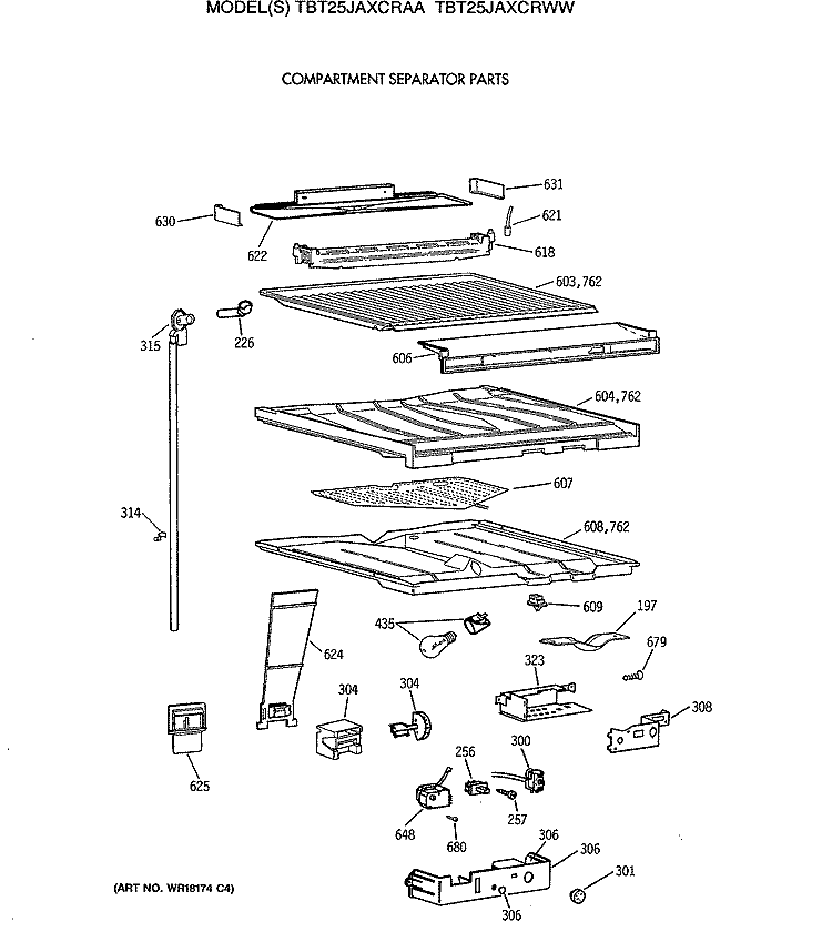 COMPARTMENT SEPARATOR PARTS Diagram and Parts List for TBT25JAXCRWW  General Electric Refrigerator