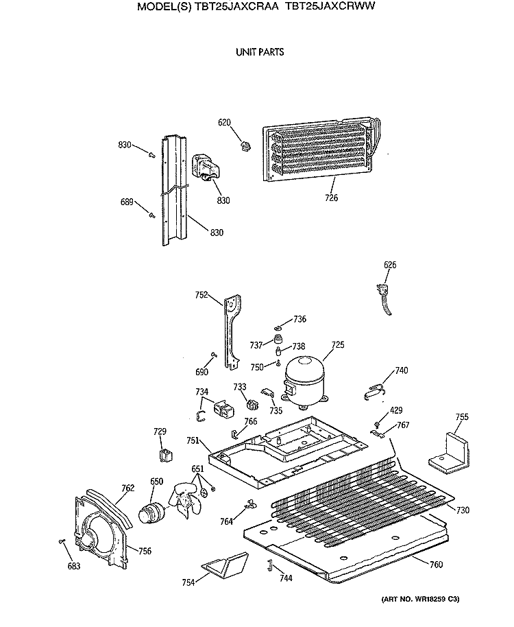 UNIT PARTS Diagram and Parts List for TBT25JAXCRWW  General Electric Refrigerator