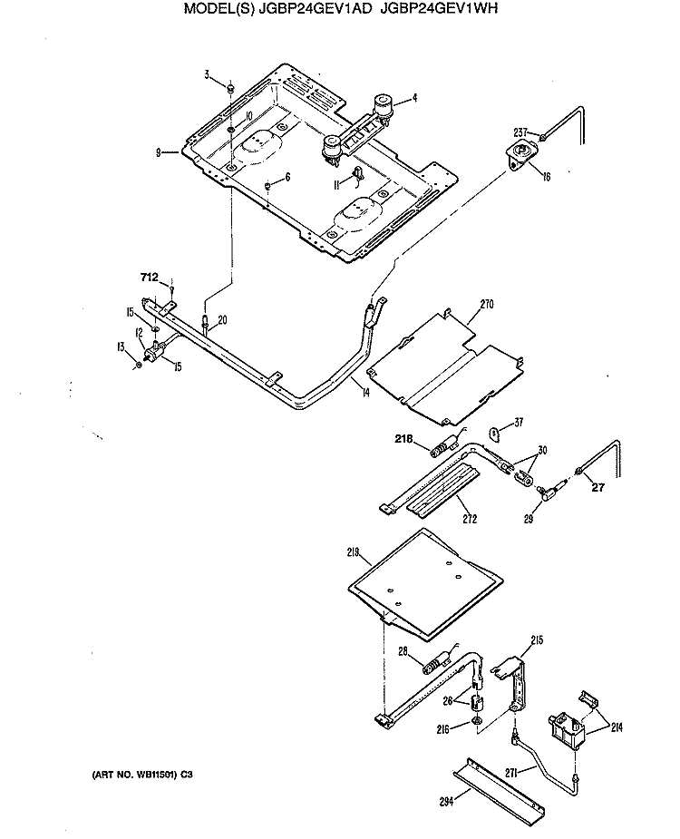 Section Diagram and Parts List for JGBP24GEV1WH  General Electric Range