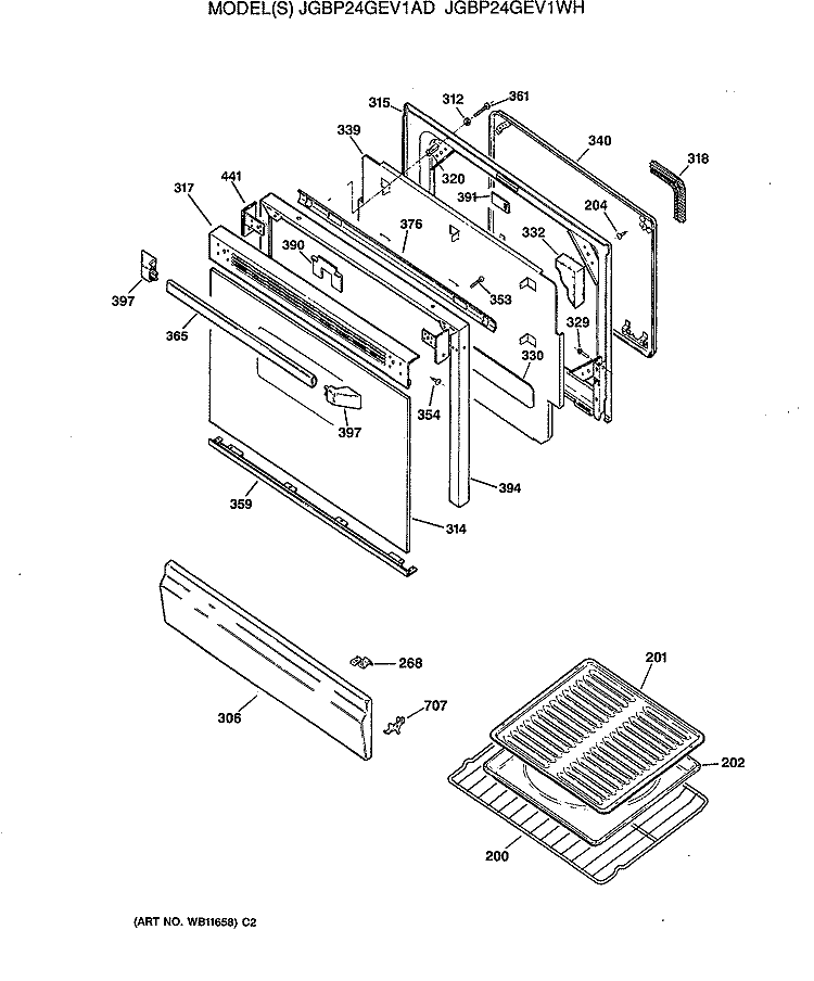 Section Diagram and Parts List for JGBP24GEV1WH  General Electric Range