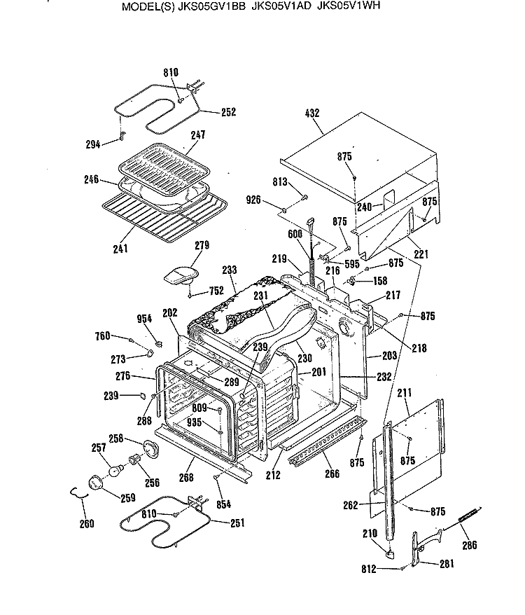 Section Diagram and Parts List for JKS05GV1BB  General Electric Wall Oven