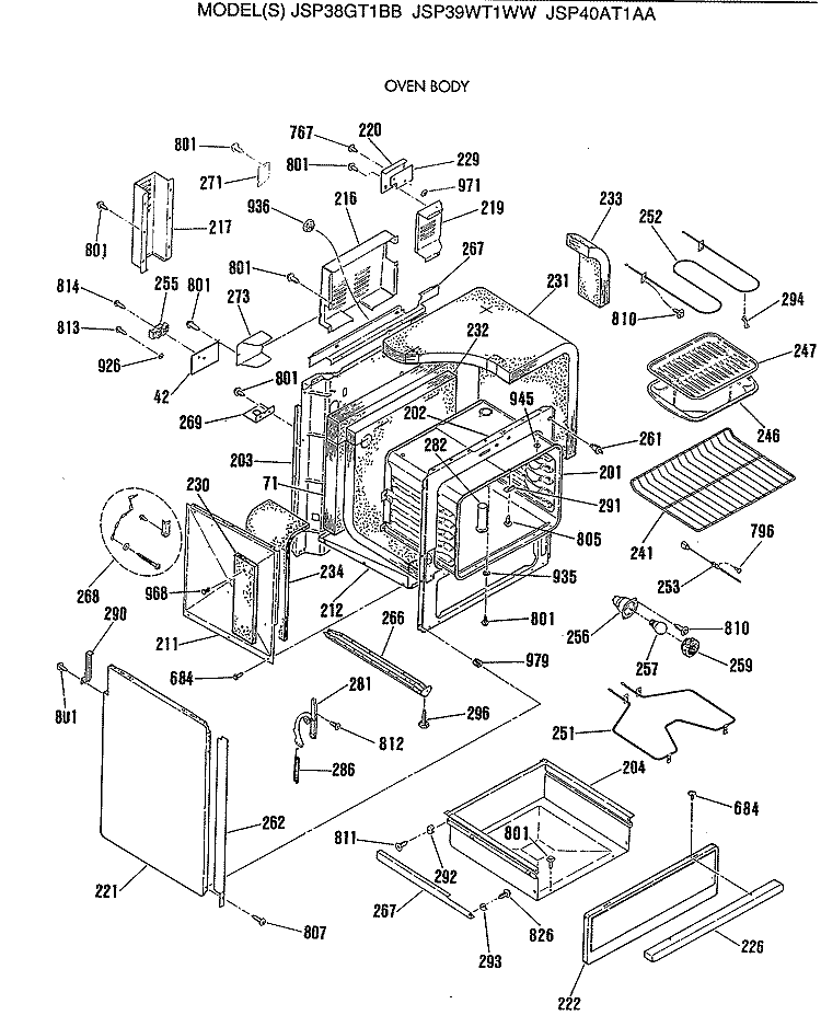 OVEN BODY Diagram and Parts List for JSP40AT1AA  General Electric Range