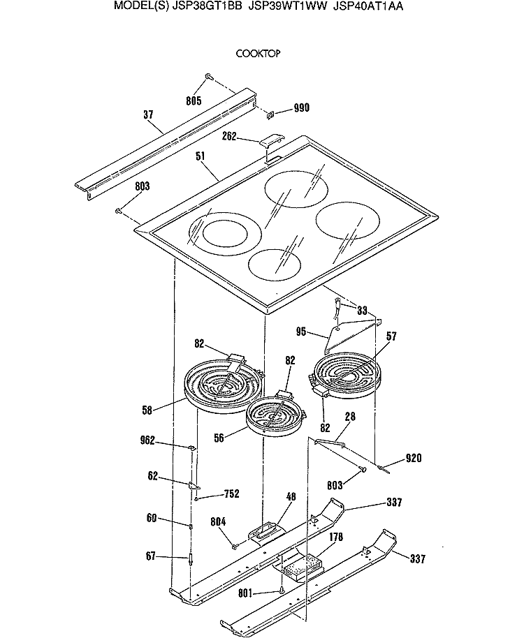 COOKTOP Diagram and Parts List for JSP40AT1AA  General Electric Range