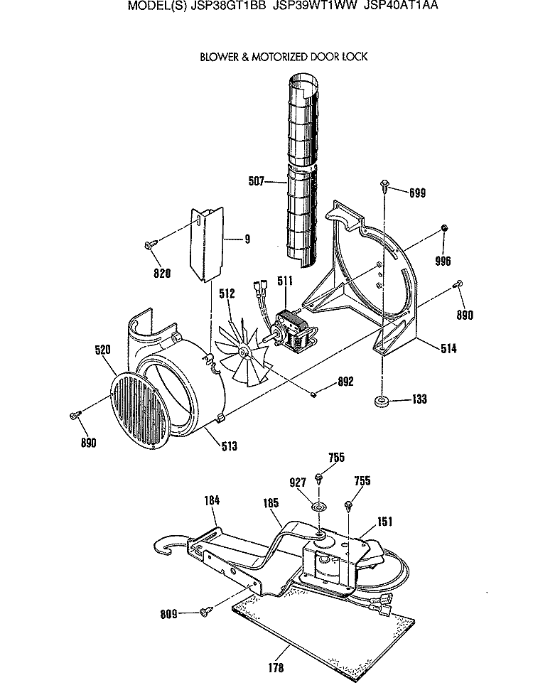 BLOWER & MOTORIZED DOOR LOCK Diagram and Parts List for JSP40AT1AA  General Electric Range