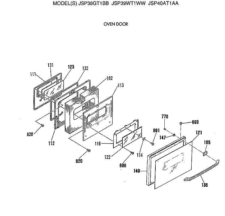 OVEN DOOR Diagram and Parts List for JSP40AT1AA  General Electric Range