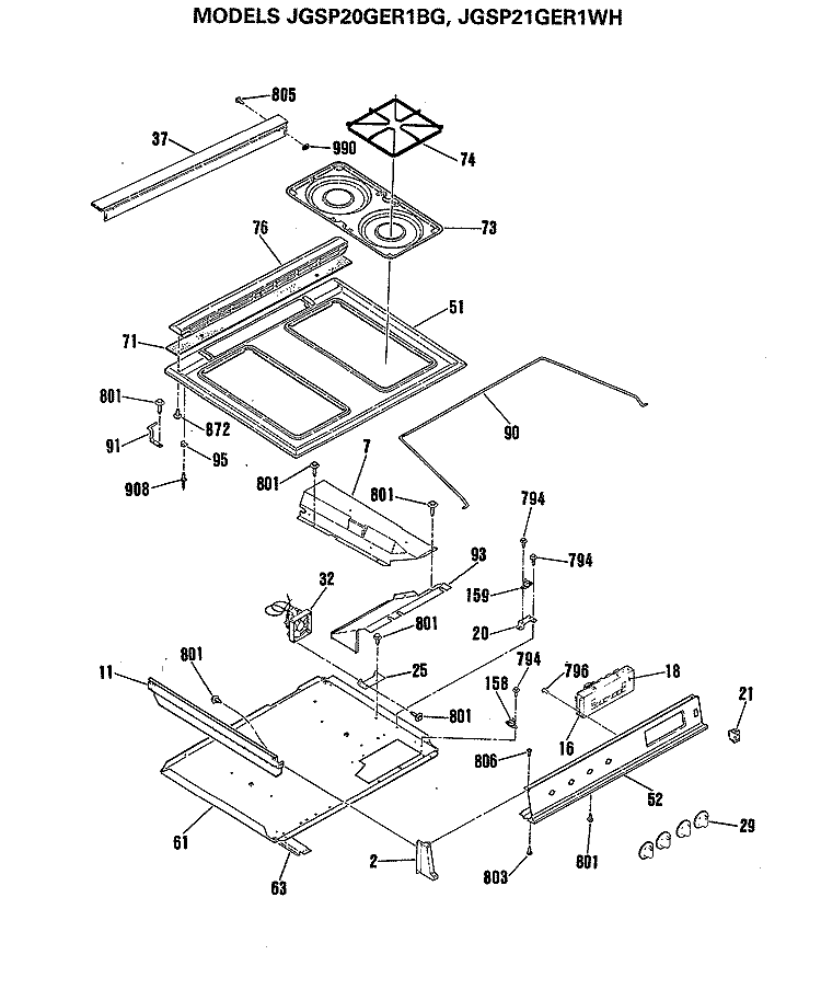 Section Diagram and Parts List for JGSP20GER1BG  General Electric Range