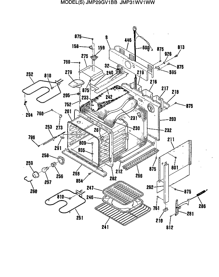 Section Diagram and Parts List for JMP31WV1WW  General Electric Range
