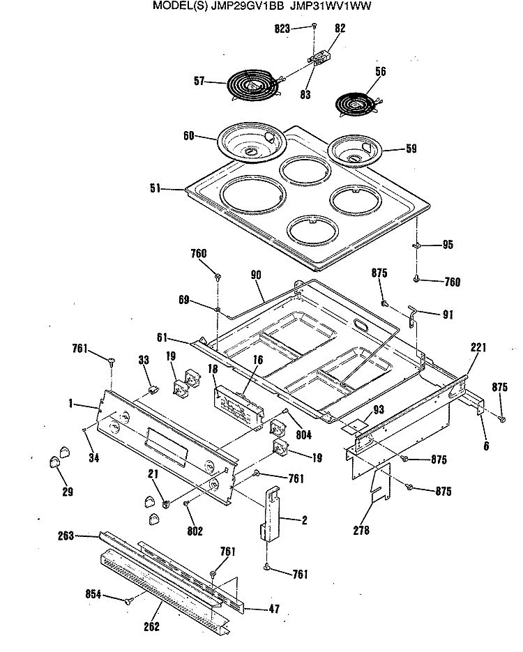 Section Diagram and Parts List for JMP31WV1WW  General Electric Range