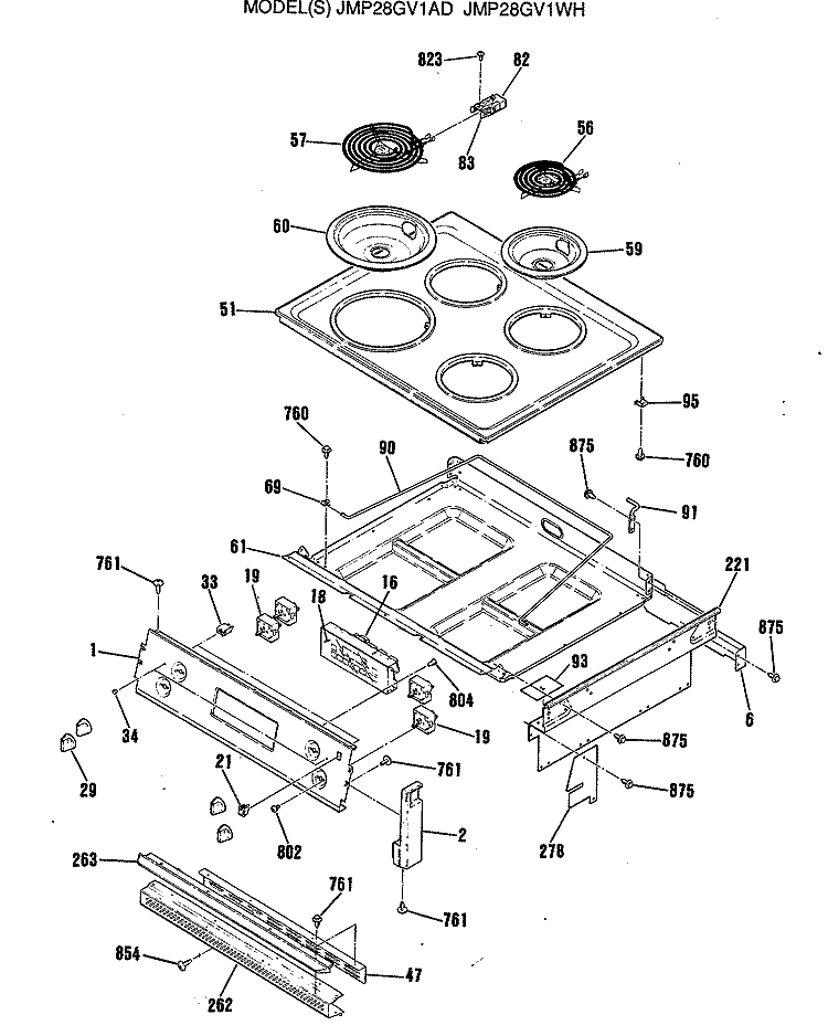 Section Diagram and Parts List for JMP28GV1AD  General Electric Range