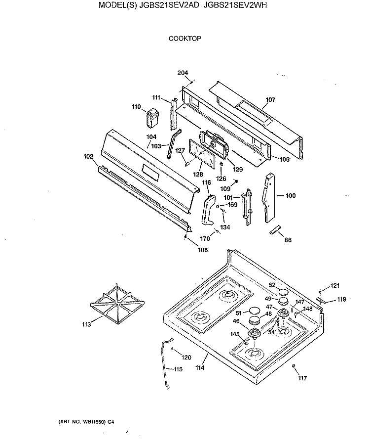 COOKTOP Diagram and Parts List for JGBS21SEV2WH  General Electric Range