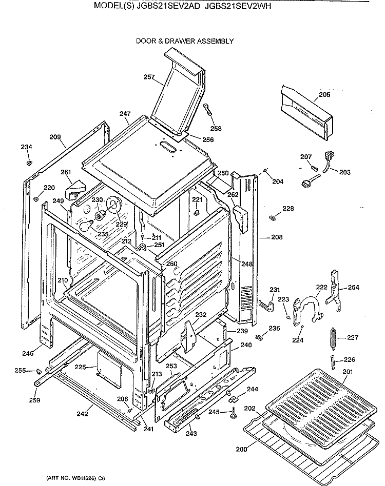 DOOR & DRAWER ASSEMBLY Diagram and Parts List for JGBS21SEV2WH  General Electric Range