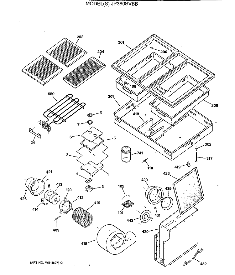 Section Diagram and Parts List for JP380BVBB  General Electric Cooktop