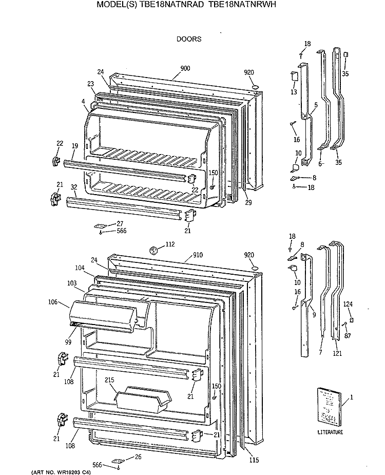 DOORS Diagram and Parts List for TBE18NATNRAD  General Electric Refrigerator