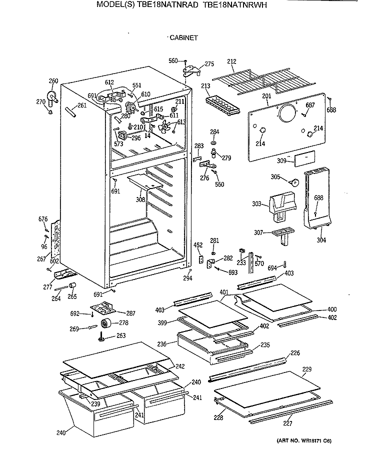 CABINET Diagram and Parts List for TBE18NATNRAD  General Electric Refrigerator