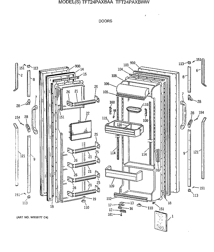 DOORS Diagram and Parts List for TFT24PAXBAA  General Electric Refrigerator