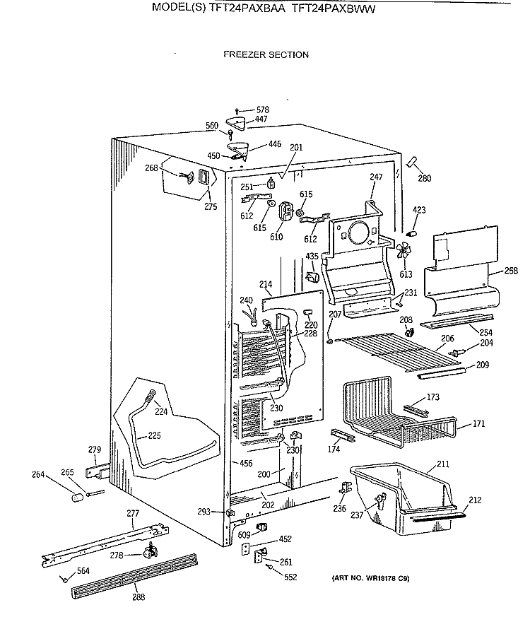 FREEZER SECTION Diagram and Parts List for TFT24PAXBAA  General Electric Refrigerator