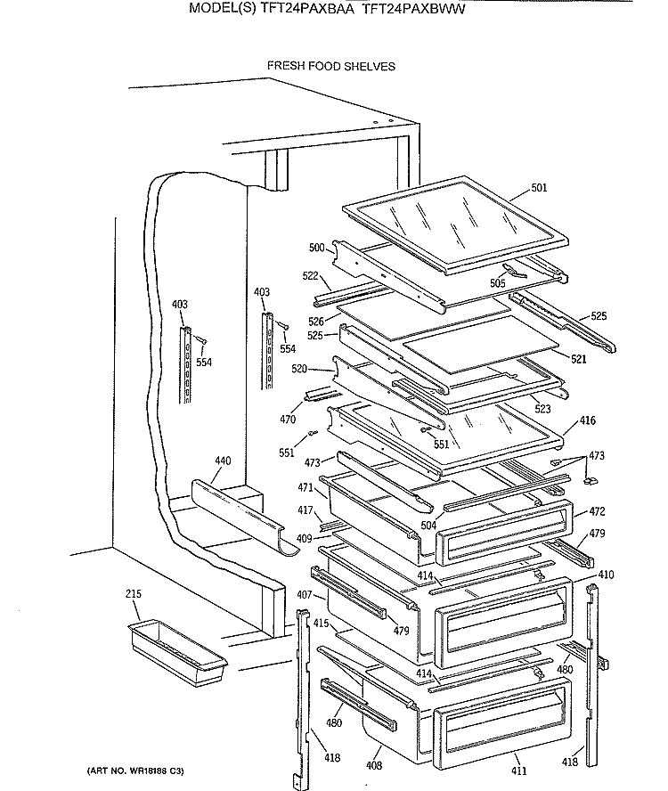 FRESH FOOD SHELVES Diagram and Parts List for TFT24PAXBAA  General Electric Refrigerator