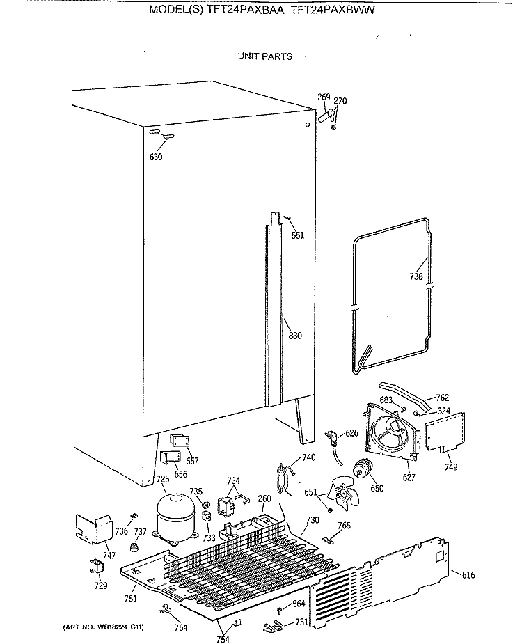 UNIT PARTS Diagram and Parts List for TFT24PAXBAA  General Electric Refrigerator