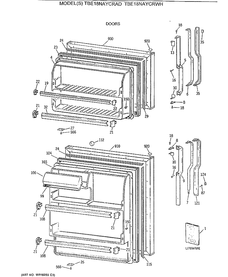 DOORS Diagram and Parts List for TBE18NAYCRWH  General Electric Refrigerator