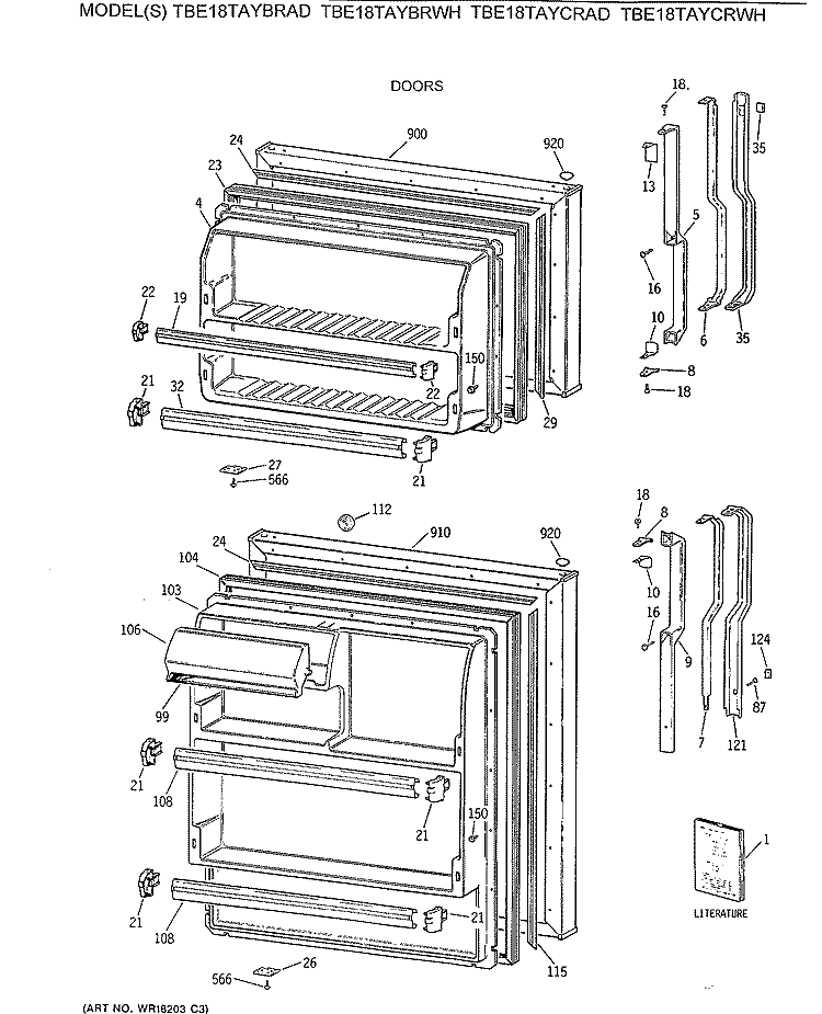 DOORS Diagram and Parts List for TBE18TAYBRWH  General Electric Refrigerator