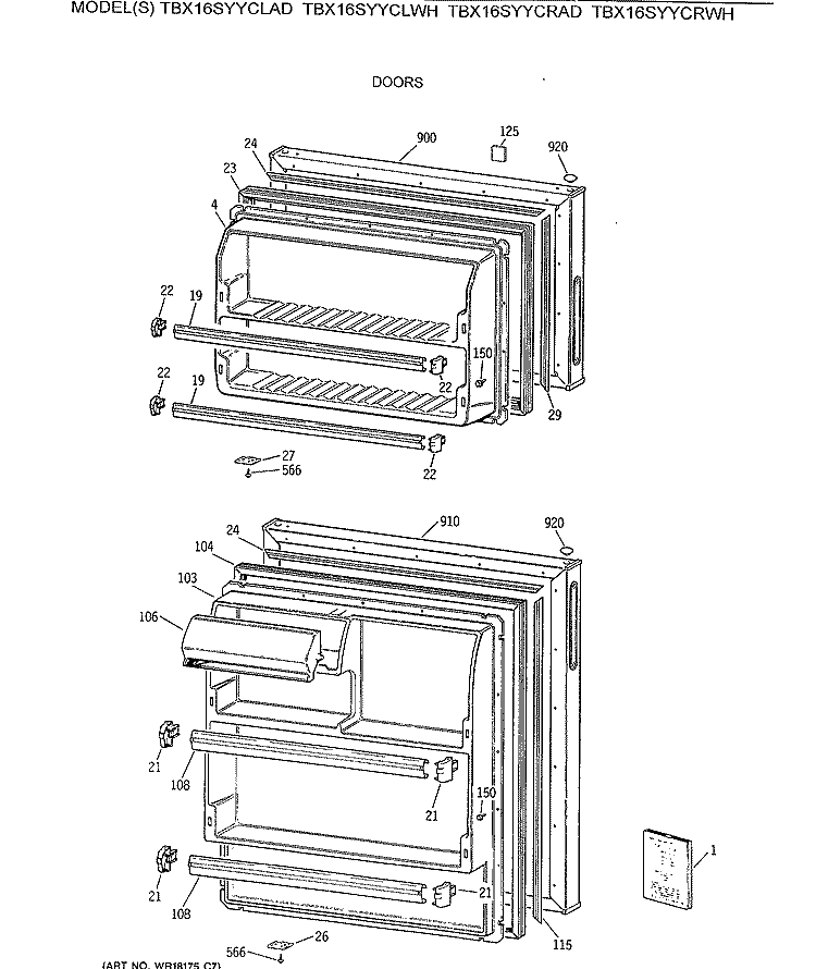 DOORS Diagram and Parts List for TBX16SYYCLAD  General Electric Refrigerator