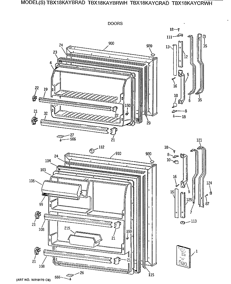 DOORS Diagram and Parts List for TBX18KAYCRAD  General Electric Refrigerator