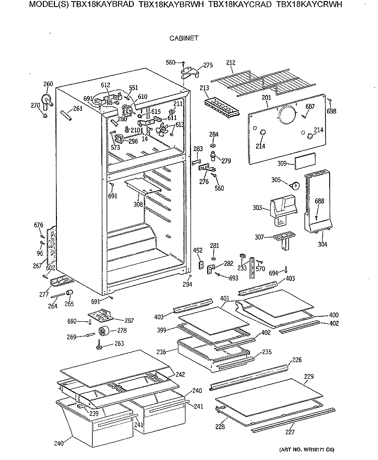 CABINET Diagram and Parts List for TBX18KAYCRAD  General Electric Refrigerator
