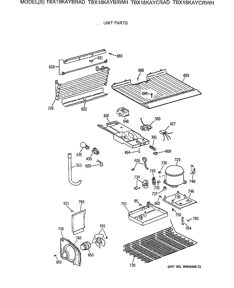 UNIT PARTS Diagram and Parts List for TBX18KAYCRAD  General Electric Refrigerator