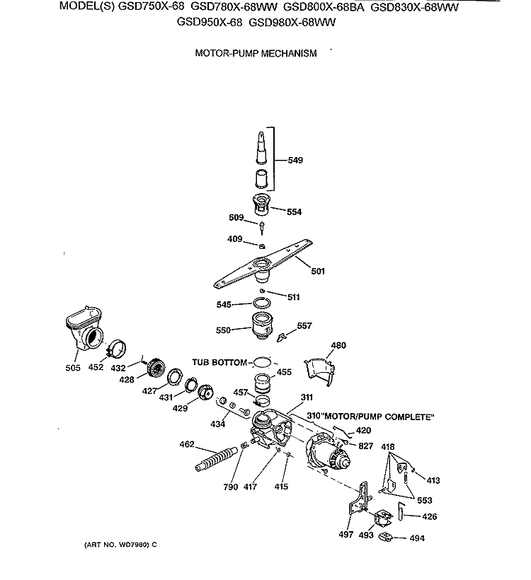 MOTOR - PUMP MECHANISM Diagram and Parts List for GSD830X-68WW  General Electric Dishwasher